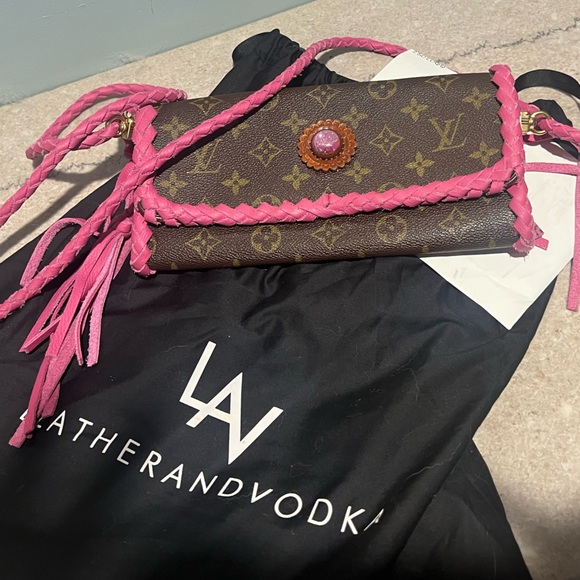 Auth LV Brown/Pink Pouchette w/ show stopper JForks stone by Leather&Vodka -OOAK - Picture 2 of 10
